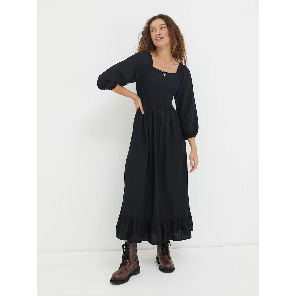 FatFace Black Smocked Midi Dress Square Neck Puff Linen 10 Euro Clean Capsule